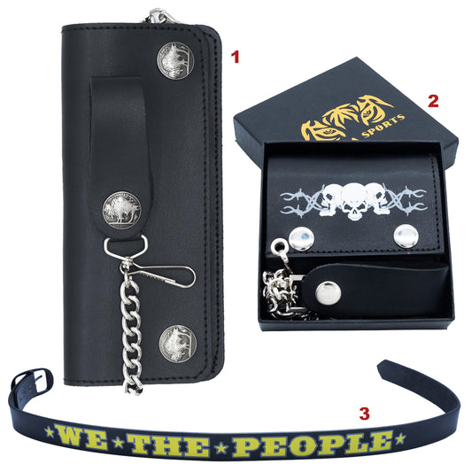 Set of 3 – 2 Wallets + 1 Genuine Leather Belt – Biker Gift Set