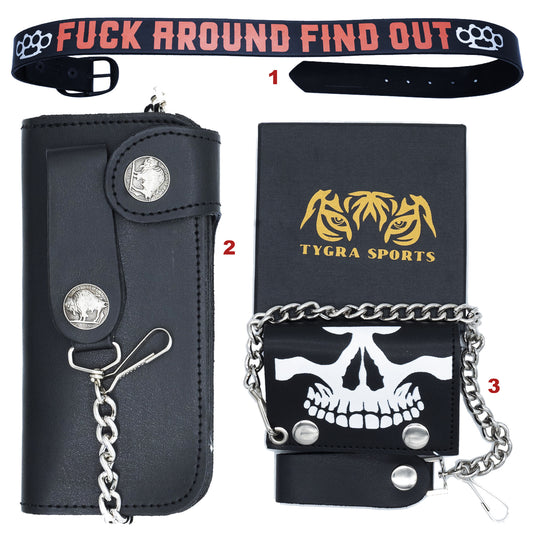 Set of 3 – 2 Wallets + 1 Genuine Leather Belt – Biker Gift Set