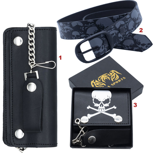 Set of 3 – 2 Wallets + 1 Genuine Leather Belt – Biker Gift Set