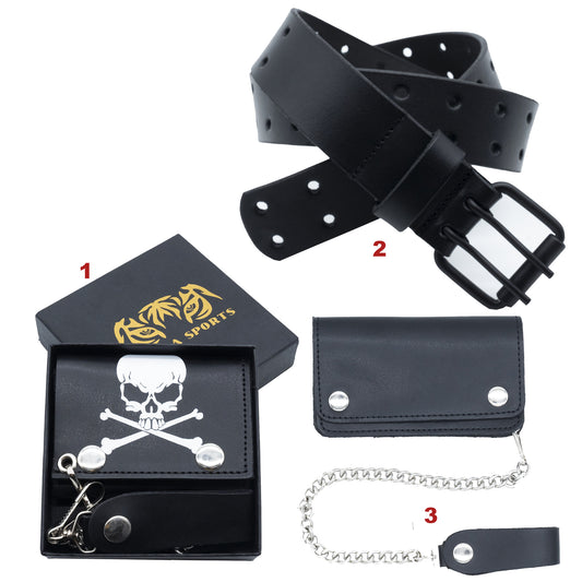 Set of 3 – 2 Wallets + 1 Genuine Leather Belt – Biker Gift Set