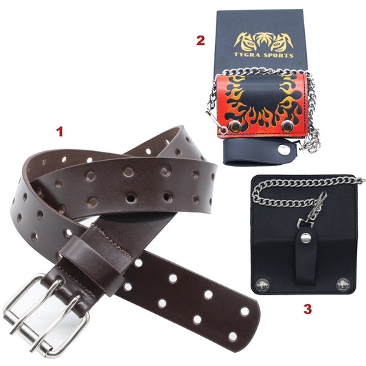 Set of 3 – 2 Wallets + 1 Genuine Leather Belt – Biker Gift Set