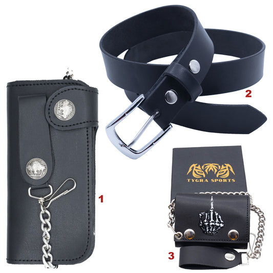 Set of 3 – 2 Wallets + 1 Genuine Leather Belt – Biker Gift Set