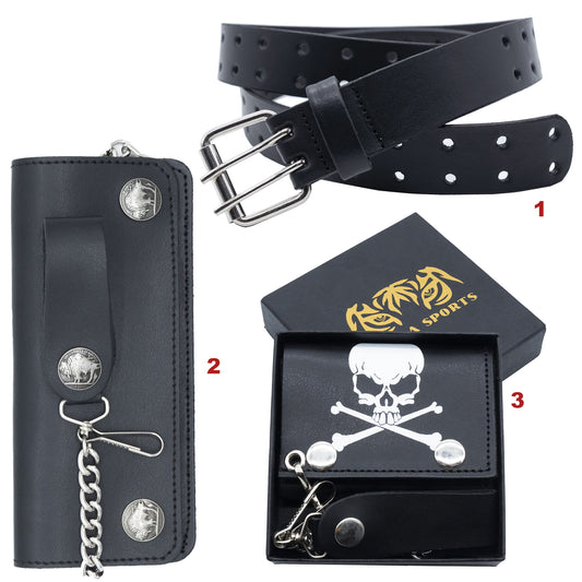 Set of 3 – 2 Wallets + 1 Genuine Leather Belt – Biker Gift Set
