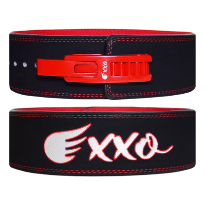 Exxo Weightlifting Lever Belt Made of Genuine Cow Leather 10mm Thick Heavy duty Belt with Outside Teeth Buckle for Men & Women Lower Back Support for Gym Workouts Deadlifts Squats Powerlifting (Black (Red))