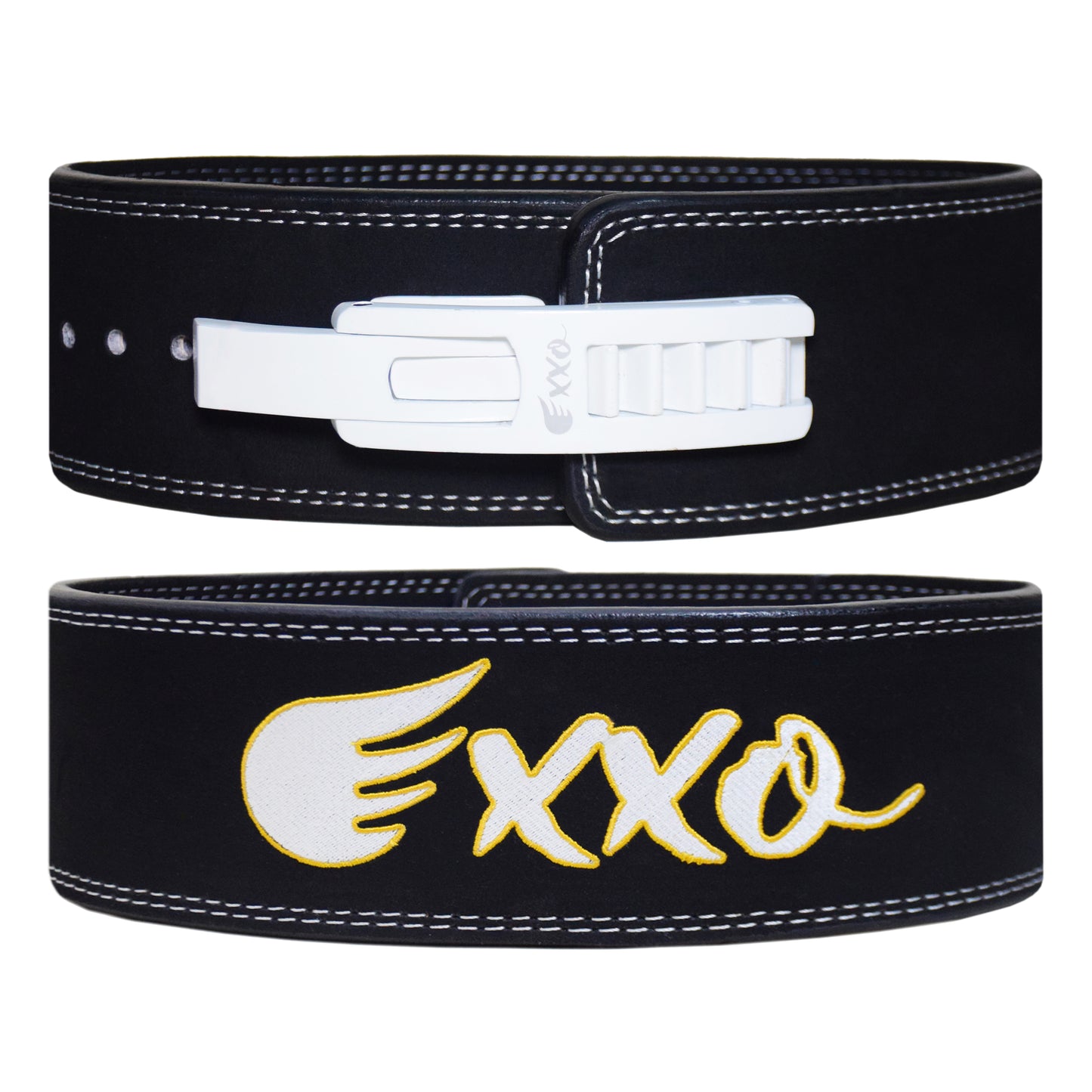 Exxo Weightlifting Lever Belt Made of Genuine Cow Leather 10mm Thick Heavy duty Belt with Outside Teeth Buckle for Men & Women Lower Back Support for Gym Workouts Deadlifts Squats Powerlifting (Black (White))