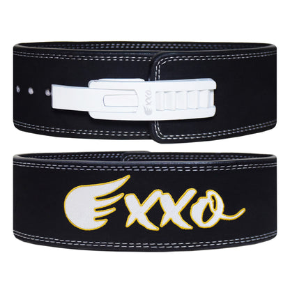 Exxo Weightlifting Lever Belt Made of Genuine Cow Leather 10mm Thick Heavy duty Belt with Outside Teeth Buckle for Men & Women Lower Back Support for Gym Workouts Deadlifts Squats Powerlifting (Black (White))